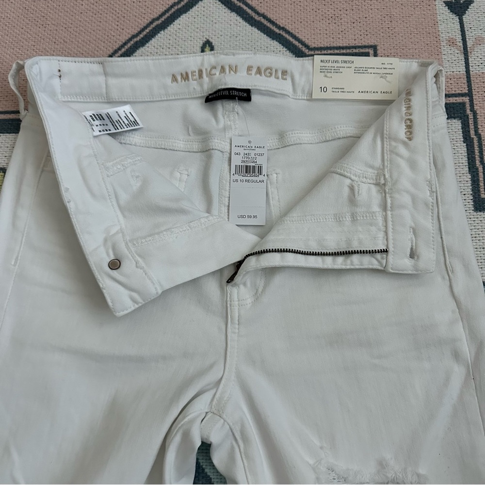 American Eagle White Stretch Ripped Super Hi-Rise Jegging Crop Jeans - Picture 4 of 16